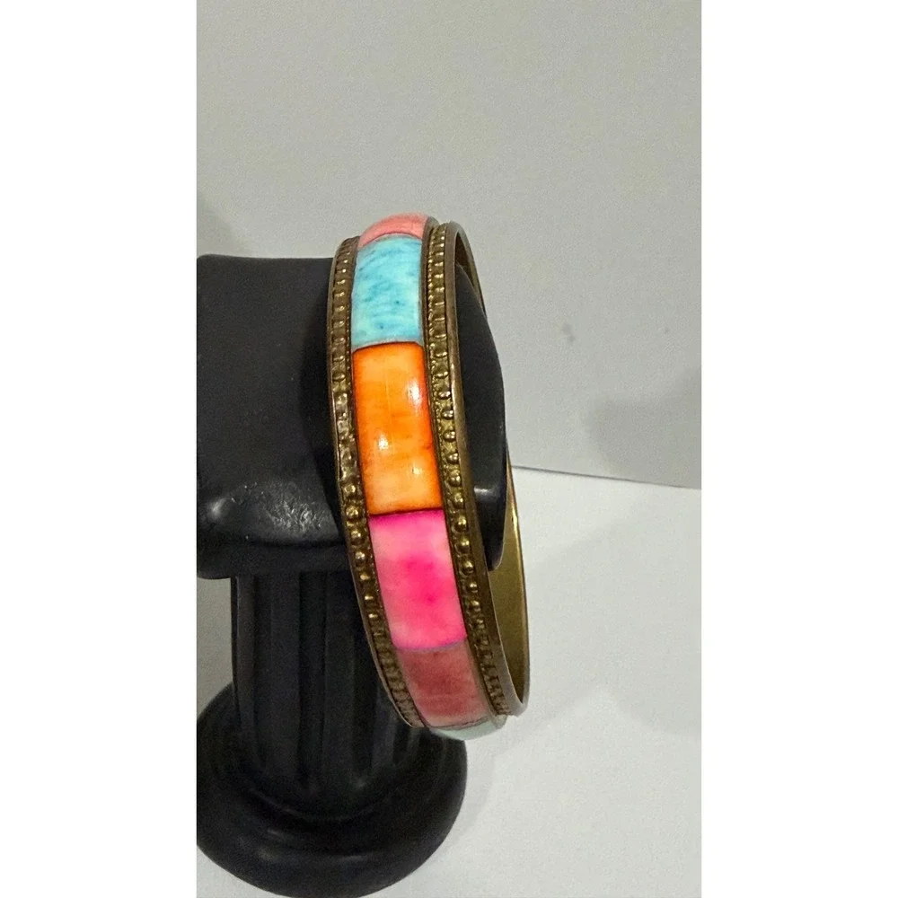 Boho Ethnic‎ Colorful Bangle Bracelet Multicolor Brass Shell Inlay Boho Vibrant